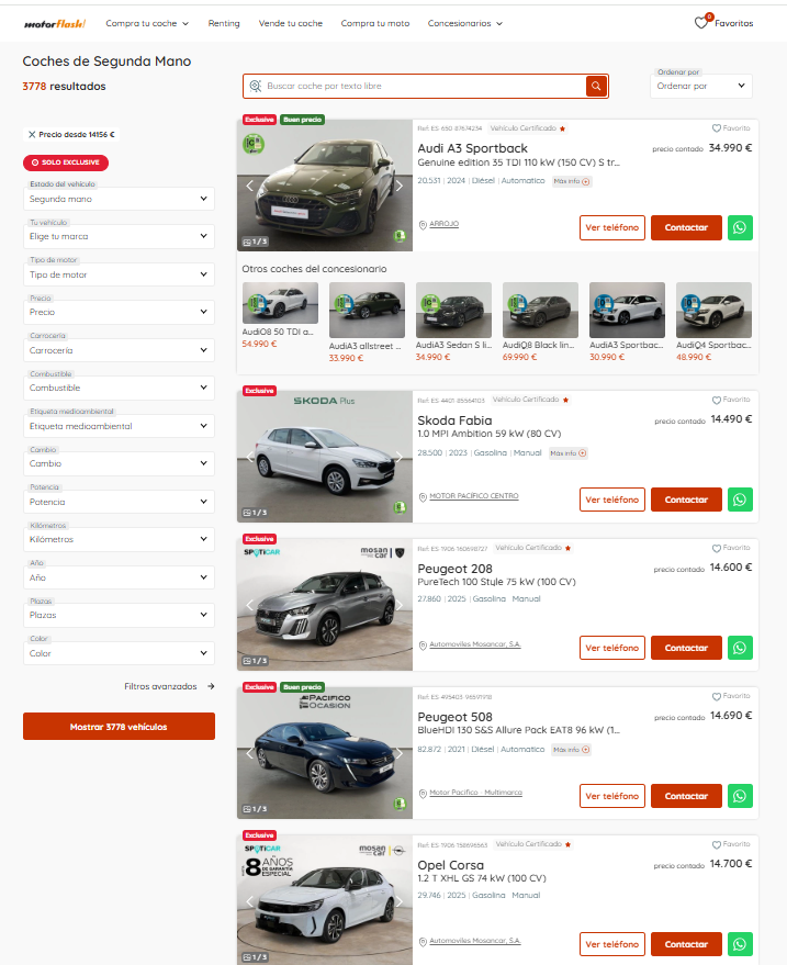 Portal Motorflash.com mostrando el listado de vehículos con el filtro "Solo Exclusive" activo
